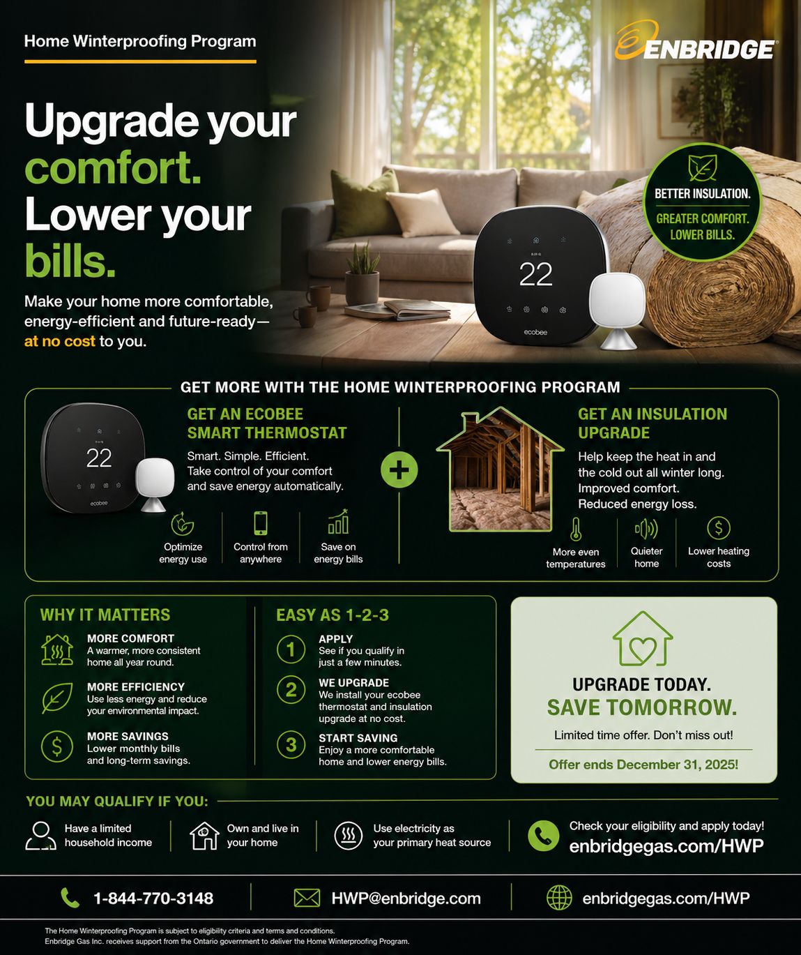 Enbridge Home Winterproofing Program poster — upgrade your comfort, lower your bills