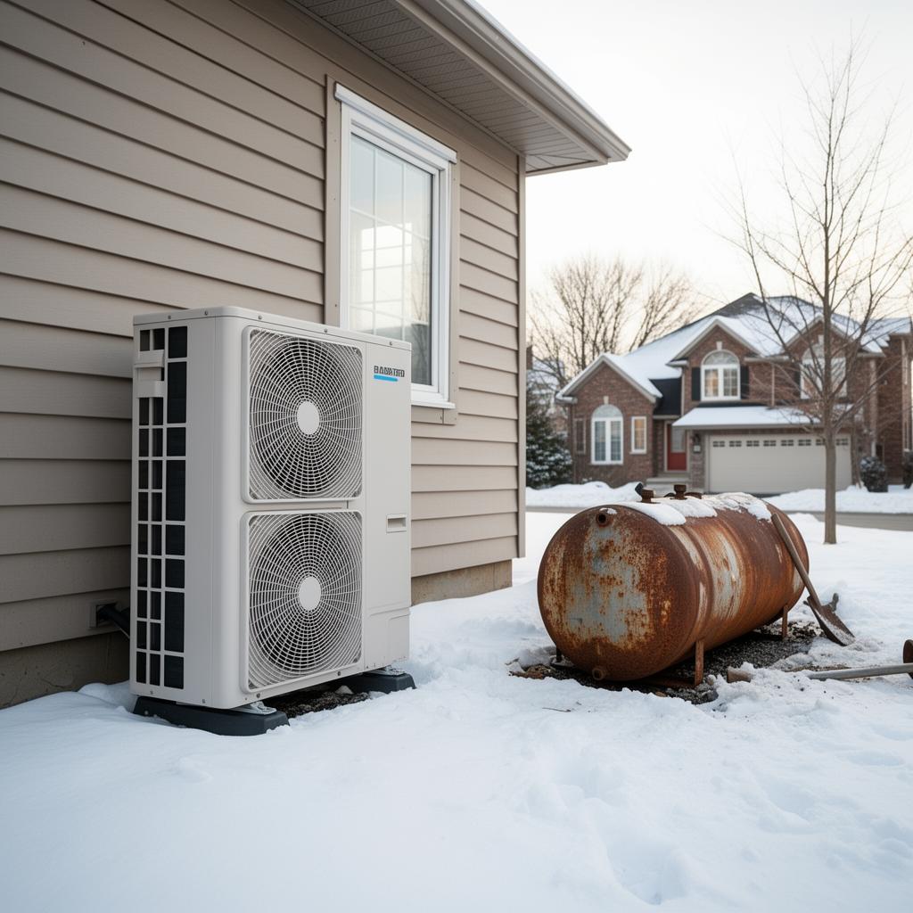 Modern electric heat pump installed beside a Canadian home, replacing an old oil tank