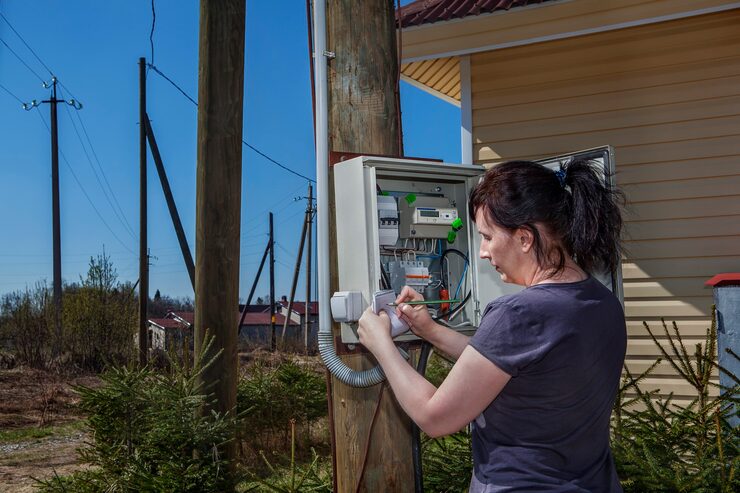 Protect Home From Electrical Surges in Ontario (1) A technician working on an outdoor electrical service panel and meter, representing the professional installation of a whole-house surge protector at the main power entry point.