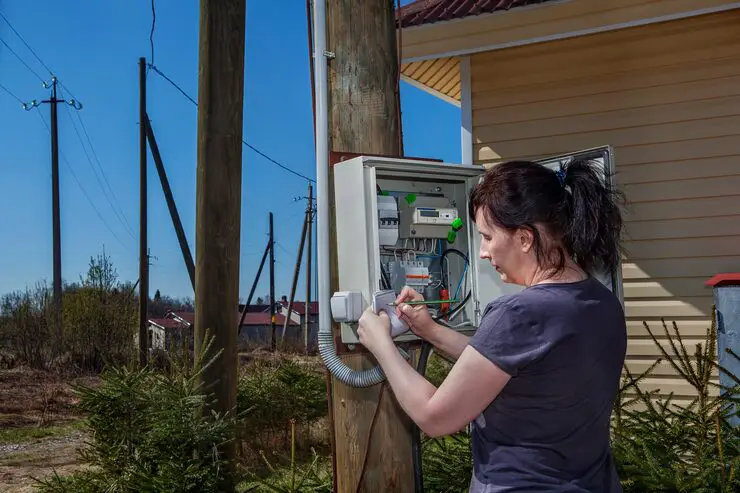 A technician working on an outdoor electrical service panel and meter.