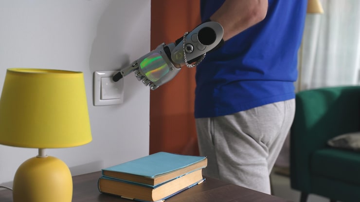 Protect Home From Electrical Surges in Ontario (3) A close-up of a person's hand with an advanced electronic prosthetic arm turning on a light switch, illustrating the importance of protecting valuable electronics from surge damage.