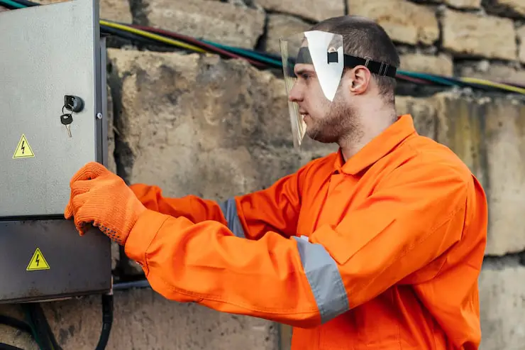 Signs Electrical Panel Damaged in a Storm (2) An electrician wearing orange safety coveralls, is inspecting an outdoor gray electrical panel box.