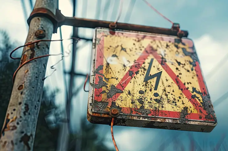 A severely rusted and damaged high-voltage hazard warning sign hanging from a pole with loose wires.