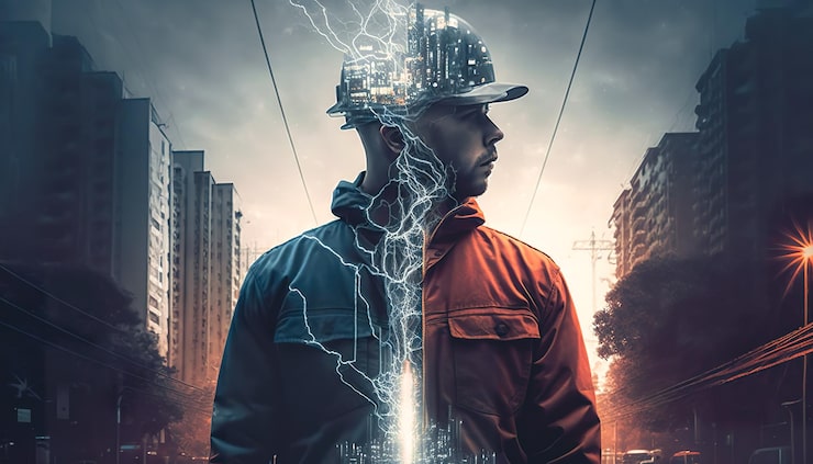 Signs Electrical Panel Damaged in a Storm (4) An artistic image of an electrical professional or engineer in a hard hat and protective clothing, overlaid with bright lightning and cityscape imagery, conceptually linking the expert to the topic of electrical panels and storm damage.