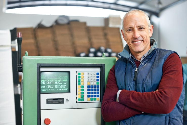 size generator for fall and winter storms canada (1) A smiling, middle-aged man with grey hair and a goatee, wearing a burgundy shirt and a dark blue vest, stands confidently with his arms crossed next to a large, complex, green industrial machine with a control panel and digital screen. He represents a homeowner or installer who has successfully determined the proper 20,000 watt generator or 25,000 watt generator size, ensuring their home's power reliability through the harshest Canadian weather.