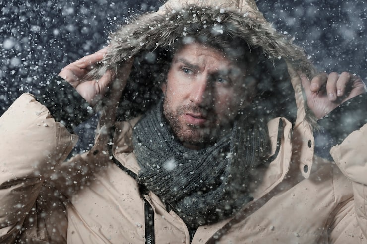 size generator for fall and winter storms canada (3) A man wearing a thick, light-colored winter parka with a fur-lined hood pulled up and a grey scarf is caught in a heavy snowstorm or ice storm. He is looking off to the side with a serious, concerned expression. This image vividly illustrates the harsh Canadian fall and winter storms that threaten power lines, emphasizing why having a properly sized home backup generator is a critical necessity for safety and comfort.