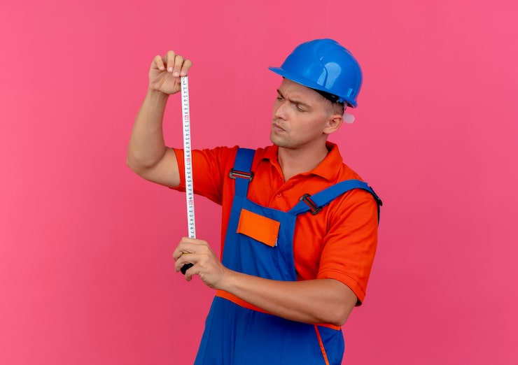 size generator for fall and winter storms canada (4) A construction worker wearing a blue hard hat and orange shirt over blue overalls intently holds and examines a flexible measuring tape against a solid pink background. He is measuring something precisely, perhaps symbolizing the importance of accurate generator sizing—like determining the wattage needs for essential appliances—before a major Canadian storm hits.