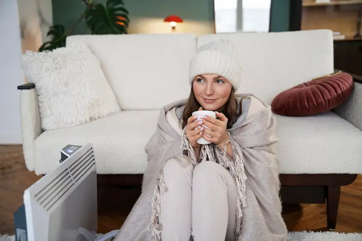 A woman bundled in a blanket and winter hat holding a mug next to a portable electric heater, looking cold and pensive.
