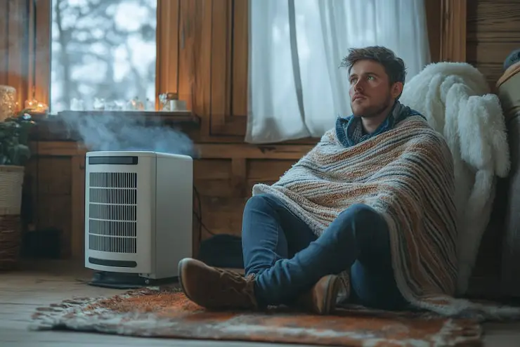 A man wrapped in a thick blanket sitting on a wooden floor near a steaming humidifier, suggesting cold due to heater failure.