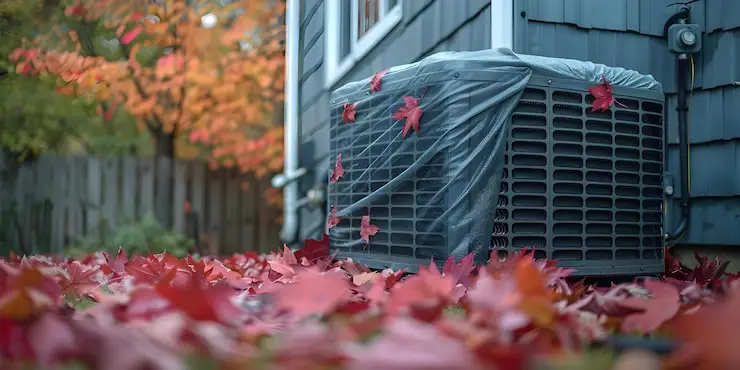 Residential AC unit with protective cover among autumn maple leaves.