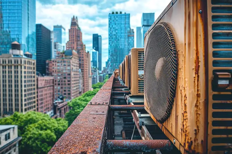Rusty outdoor AC units on a Toronto rooftop with city skyscrapers.