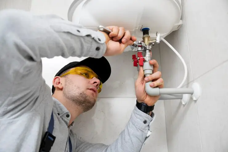 Plumber tightening valves under a white boiler with a wrench.