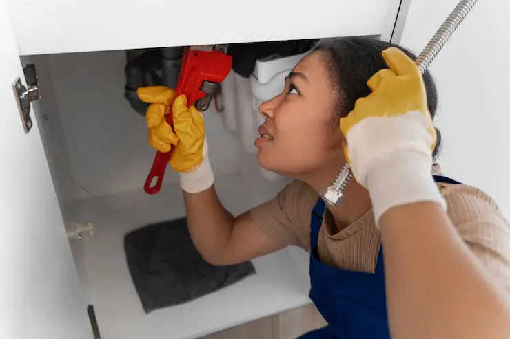 Female plumber using a red pipe wrench to fix a leak in a cabinet.