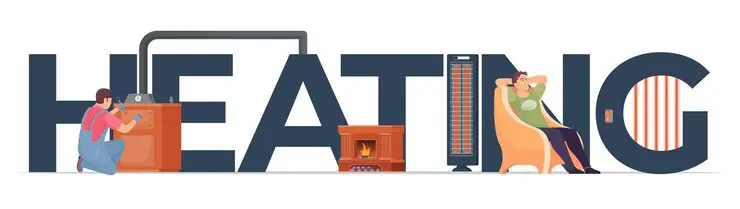 Graphic of the word HEATING with people and heating appliances illustrating the letters.