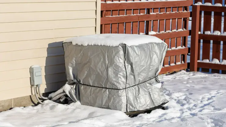 Outdoor AC unit fully wrapped in silver winter cover in deep snow.